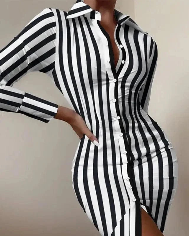 Single-breasted long-sleeved waist printed shirt dress elegant casual one-piece long skirt ladies cheap casual dress