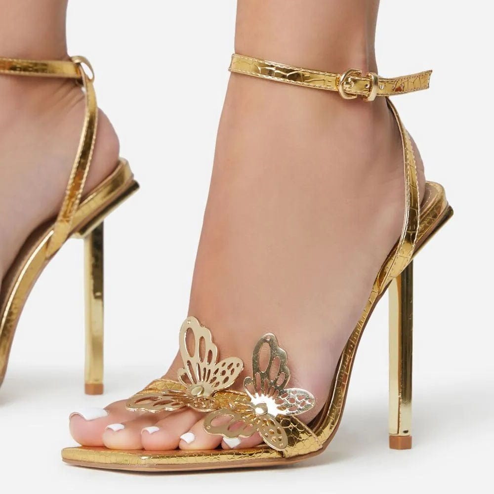 size 42=US size 11 / Gold 2023 European and American stars' same metal butterfly decorative flat belt stiletto sandals