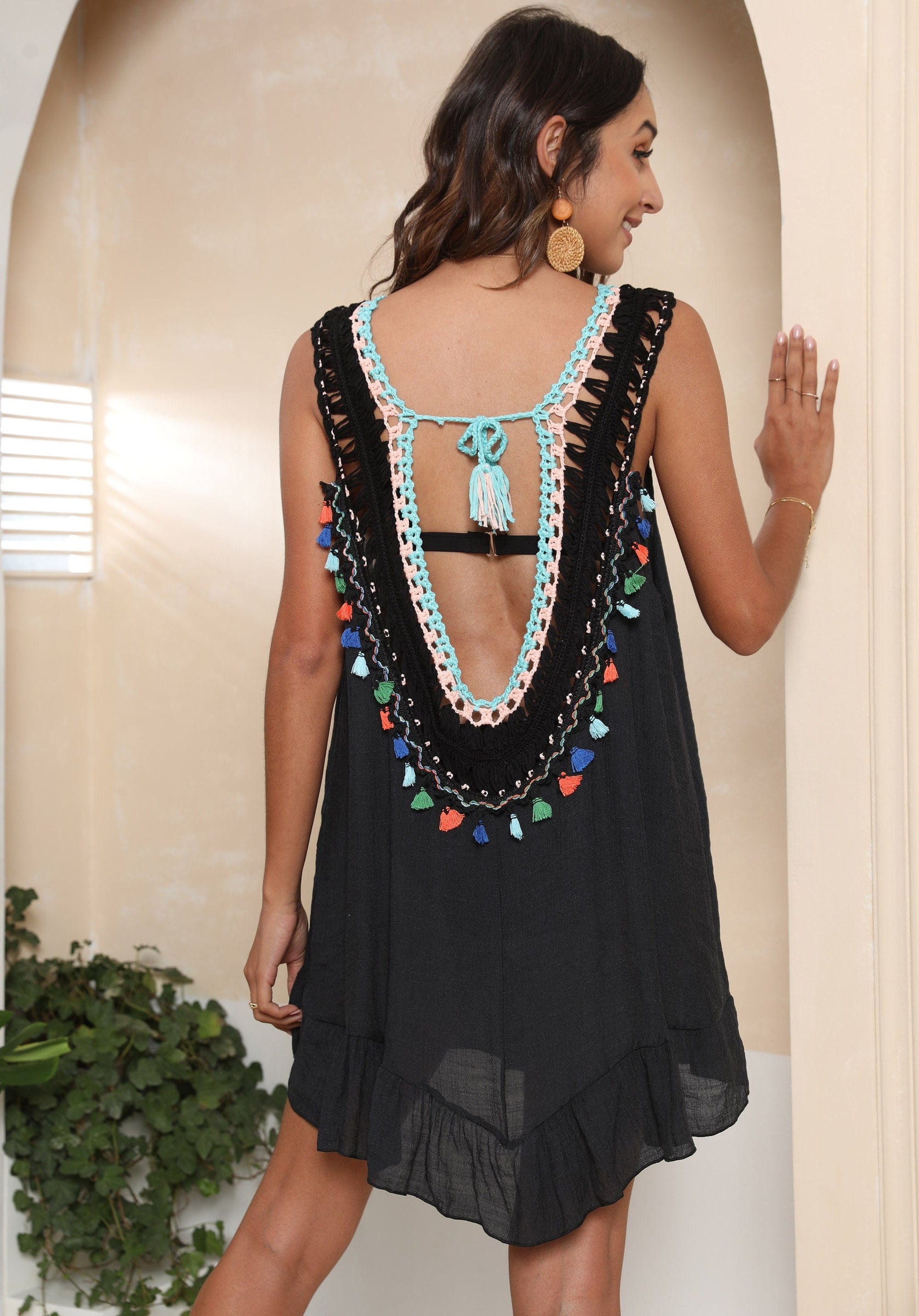 Size fits all / black Factory Wholesale Woman Sexy Sleeveless Crochet Beach Dress Bikini Cover Up