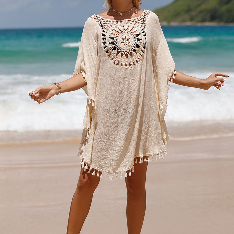 Size fits all / Ivory OEM ODM Beach Cover Up Dress Wholesale One Piece Swimwear V Neck Hollow Out Swimsuit Crochet Chiffon Summer Beach Cover Up Dress