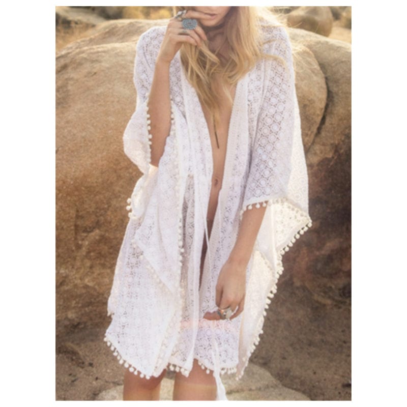 Size fits all / White oem Bikini 2023 Trend White Cardigan Beach Cover Up for Women Lace Tassel Bikini Coverup Female Pareo Tunic Tunicas Mujer Verano