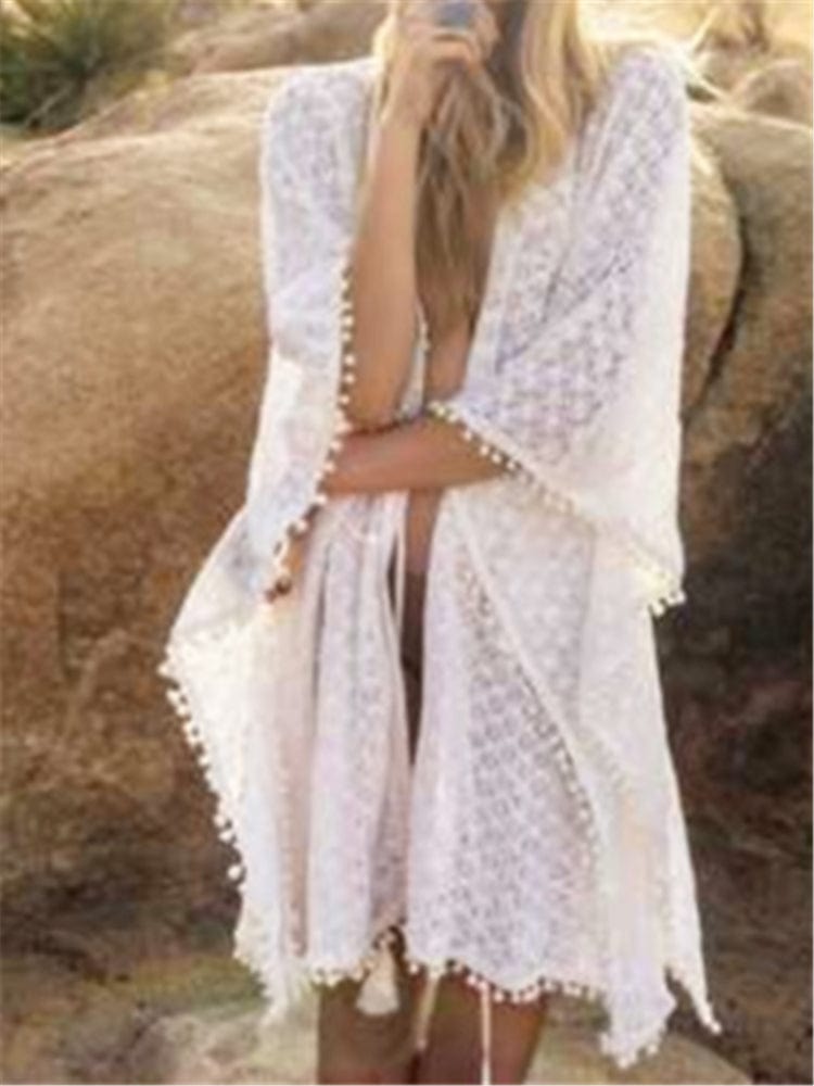 Size fits all / White oem Bikini 2023 Trend White Cardigan Beach Cover Up for Women Lace Tassel Bikini Coverup Female Pareo Tunic Tunicas Mujer Verano