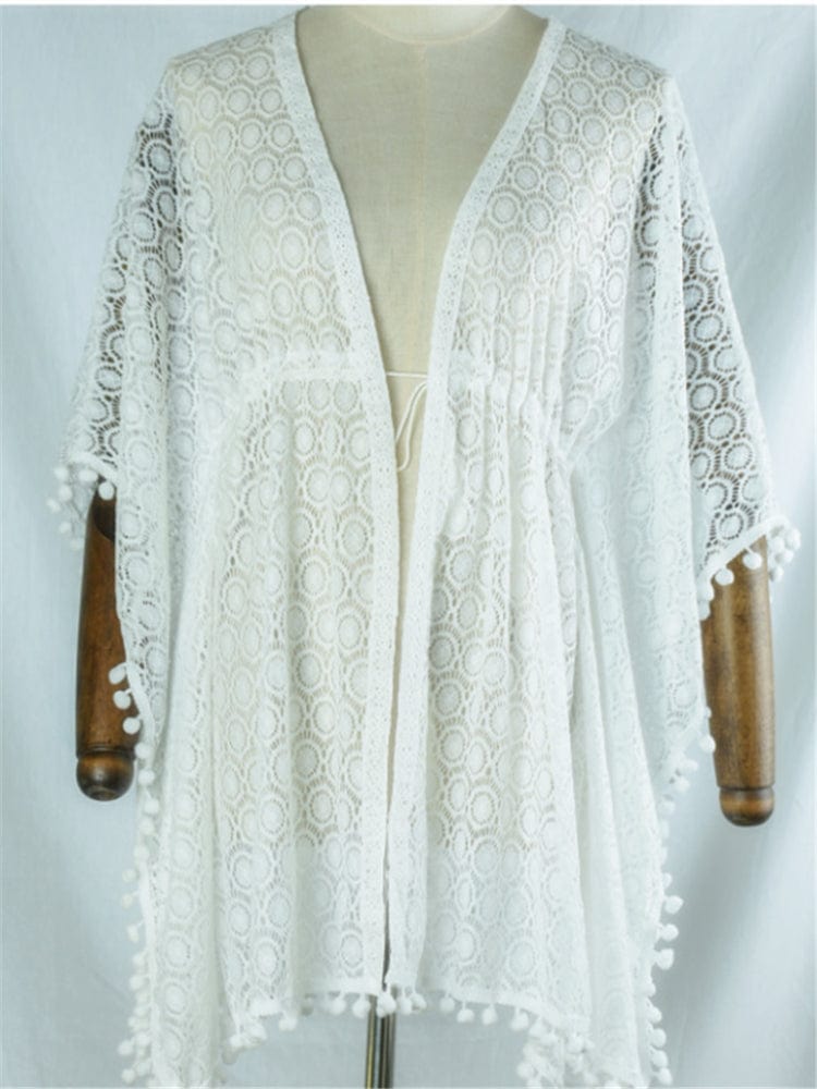 Size fits all / White oem Bikini 2023 Trend White Cardigan Beach Cover Up for Women Lace Tassel Bikini Coverup Female Pareo Tunic Tunicas Mujer Verano