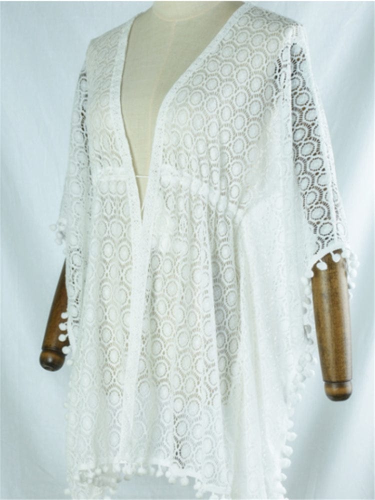 Size fits all / White oem Bikini 2023 Trend White Cardigan Beach Cover Up for Women Lace Tassel Bikini Coverup Female Pareo Tunic Tunicas Mujer Verano