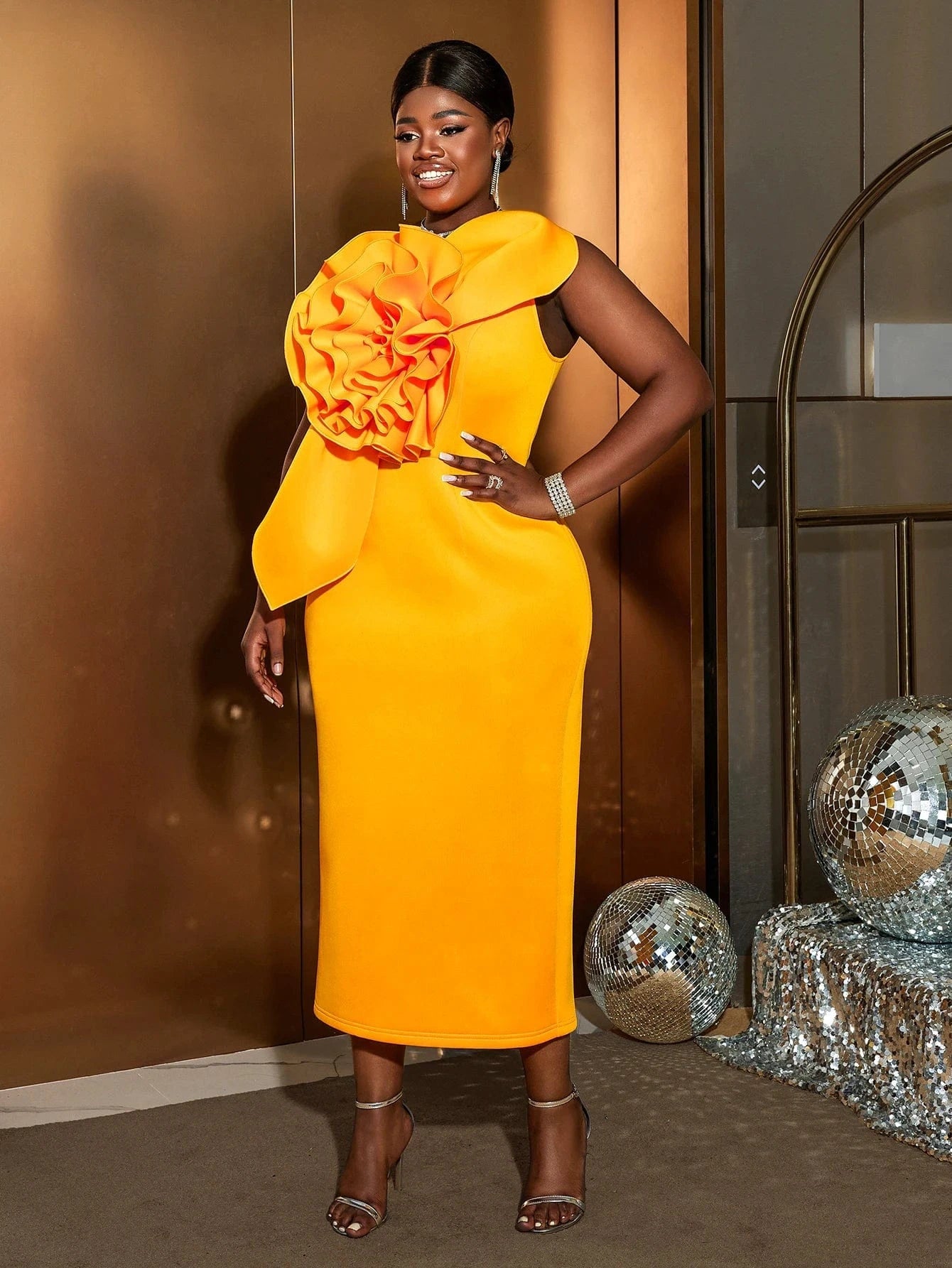 Skew Collar Sleeveless One Shoulder Large 3D Rosette Women Prom Dress