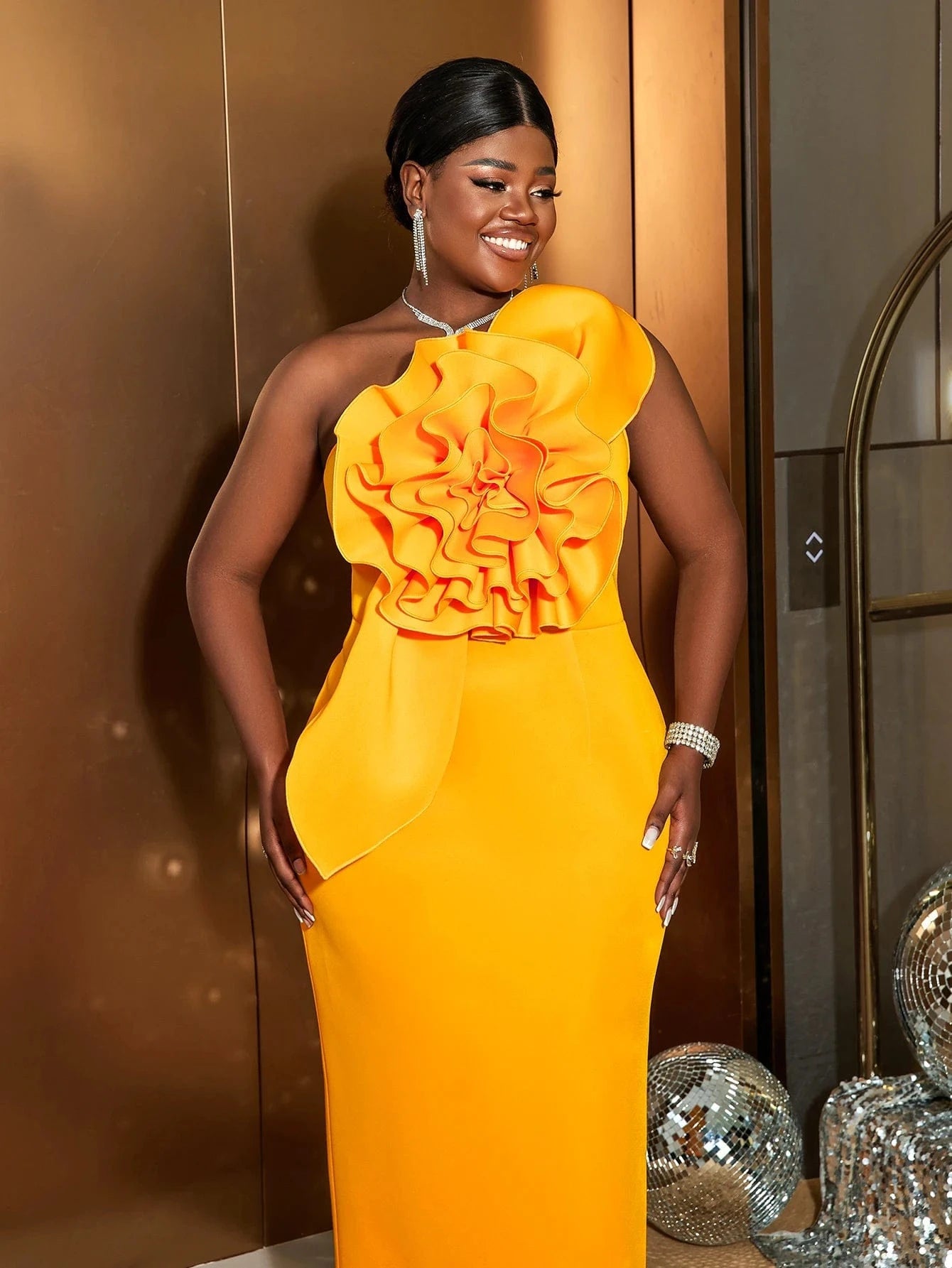 Skew Collar Sleeveless One Shoulder Large 3D Rosette Women Prom Dress