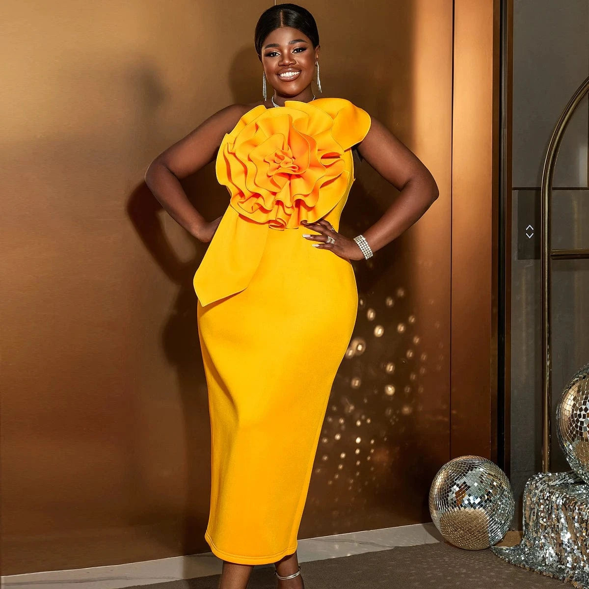 Skew Collar Sleeveless One Shoulder Large 3D Rosette Women Prom Dress