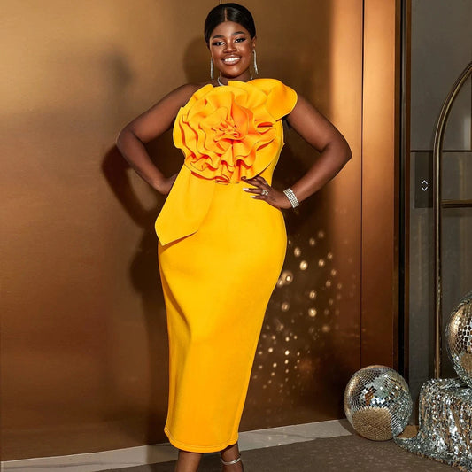 Skew Collar Sleeveless One Shoulder Large 3D Rosette Women Prom Dress