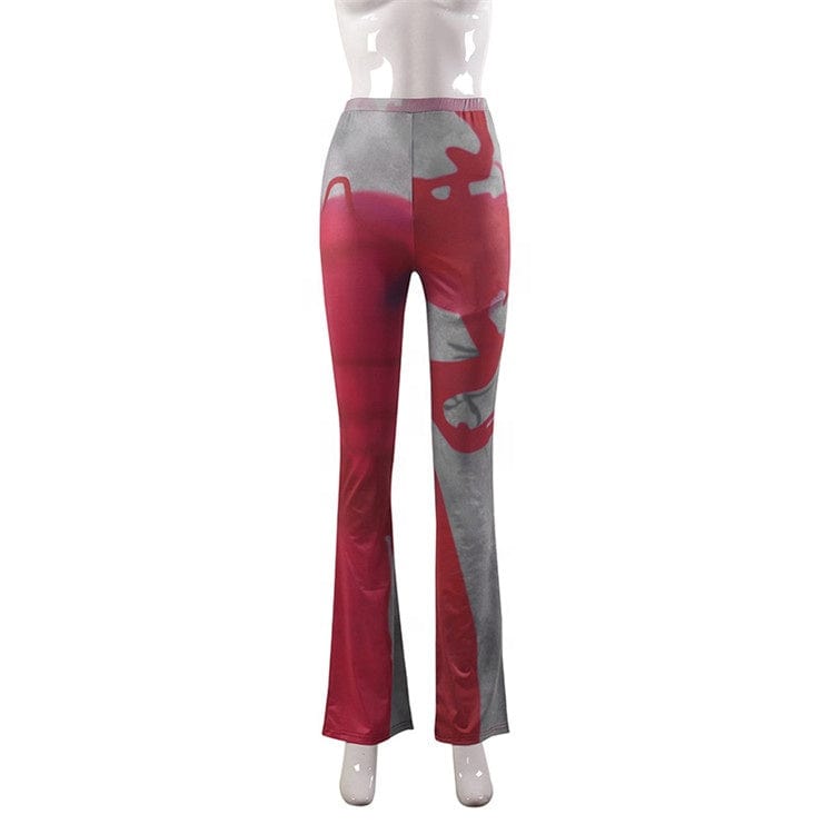 Skinny Red Print Pants Women 2023 High Waist Black Pocket Pants Print Fashion Casual Flared Trousers Women