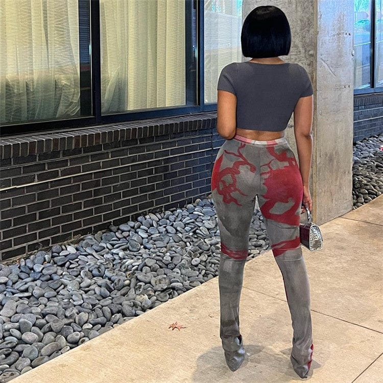 Skinny Red Print Pants Women 2023 High Waist Black Pocket Pants Print Fashion Casual Flared Trousers Women