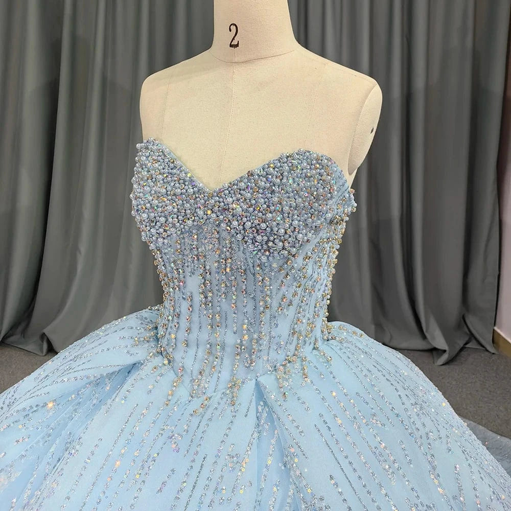 Sky Blue Evening Dress Sweetheart Collar Sexy Backless Sequined Prom Dress With Trailing Tail 6631