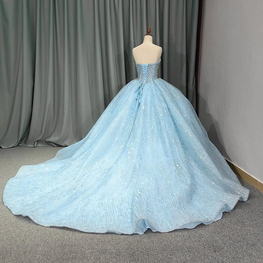 Sky Blue Evening Dress Sweetheart Collar Sexy Backless Sequined Prom Dress With Trailing Tail 6631
