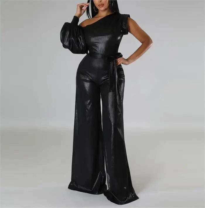 Slash Collar Asymmetrical Sleeve One Shoulder Women Jumpsuits For Party