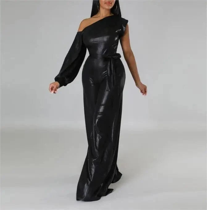 Slash Collar Asymmetrical Sleeve One Shoulder Women Jumpsuits For Party