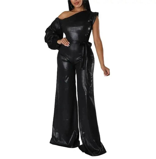 Slash Collar Asymmetrical Sleeve One Shoulder Women Jumpsuits For Party