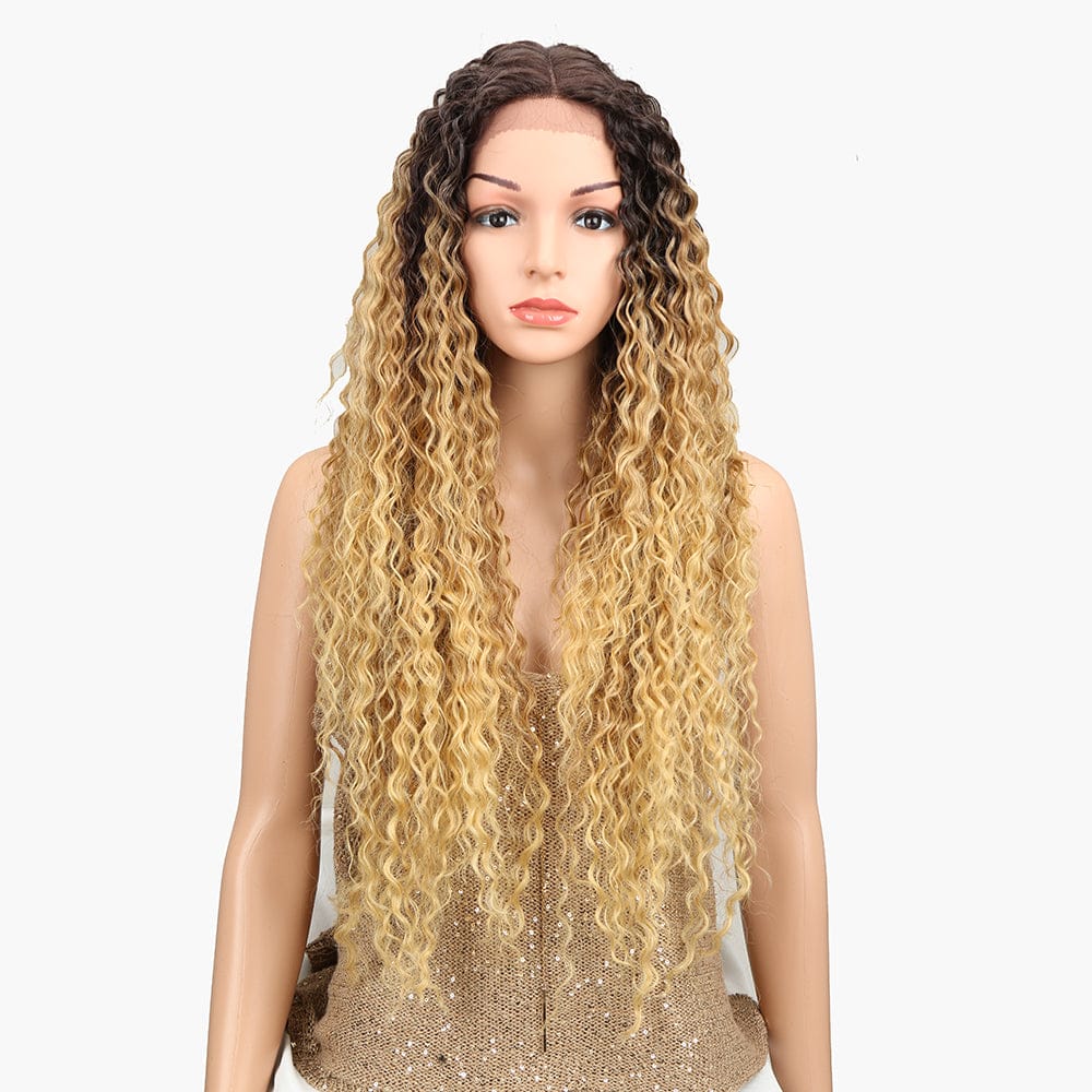 sleek long kinky curl wig wholesale hot selling cheap heat resistant nature hairline lace frontal synthetic hair wig for women