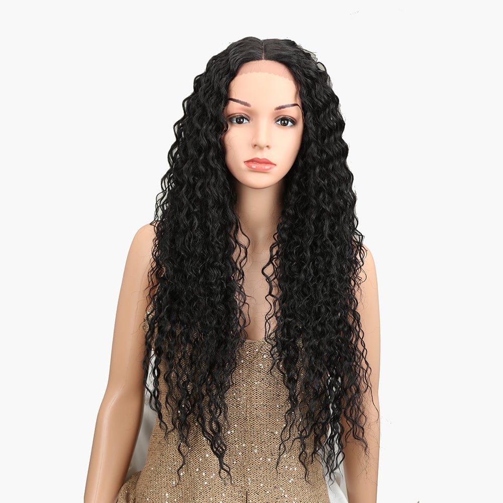 sleek long kinky curl wig wholesale hot selling cheap heat resistant nature hairline lace frontal synthetic hair wig for women