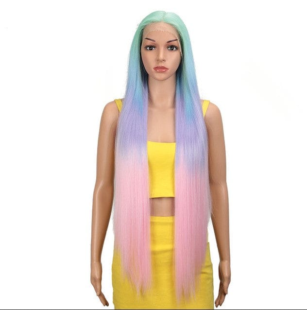 Sleek quality wholesale cheap blue fashion color heat resistant Long straight Blonde Ombre Lace front Wig Synthetic hair Wigs