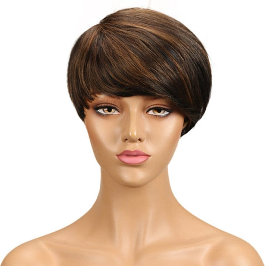 Sleek quality wholesale dark brown color pixie cut made machine Wigs With Bang Brazilian straight short bob wig Human Hair Wigs