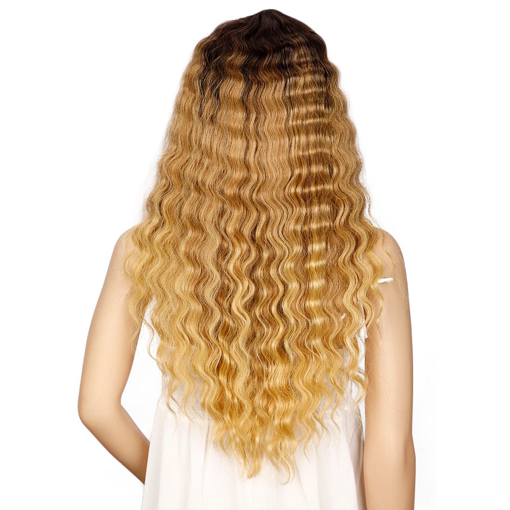 sleek quality wholesale high temperature glueless heat resistant long deep wave made machine with bang wig synthetic hair wigs