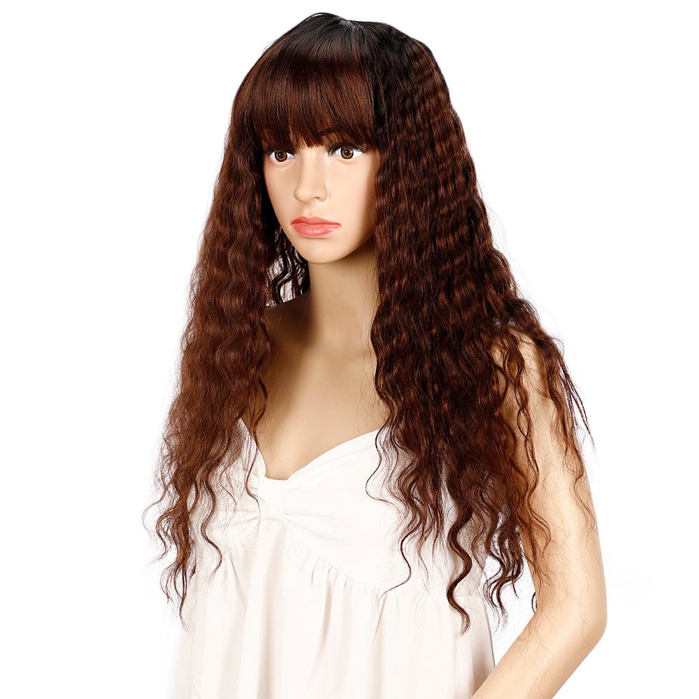 sleek quality wholesale high temperature glueless heat resistant long deep wave made machine with bang wig synthetic hair wigs