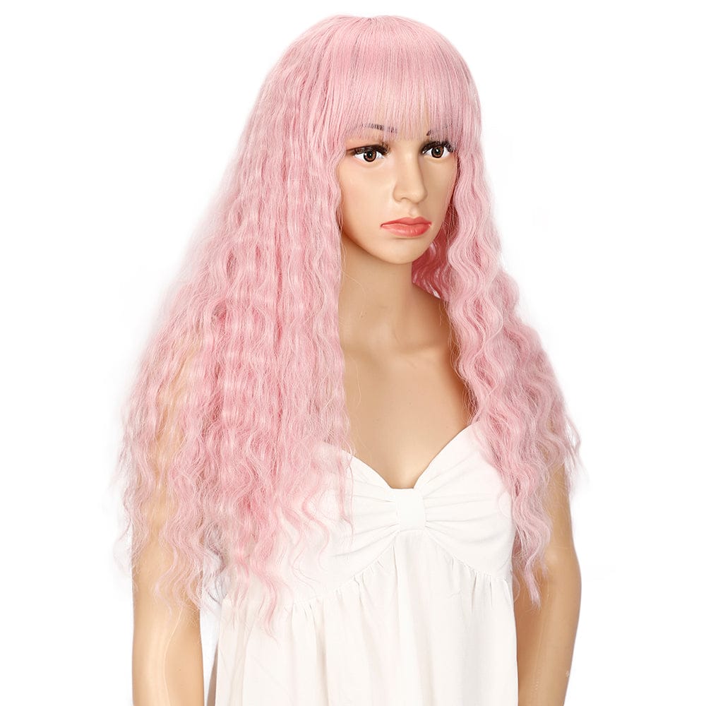 sleek quality wholesale high temperature glueless heat resistant long deep wave made machine with bang wig synthetic hair wigs