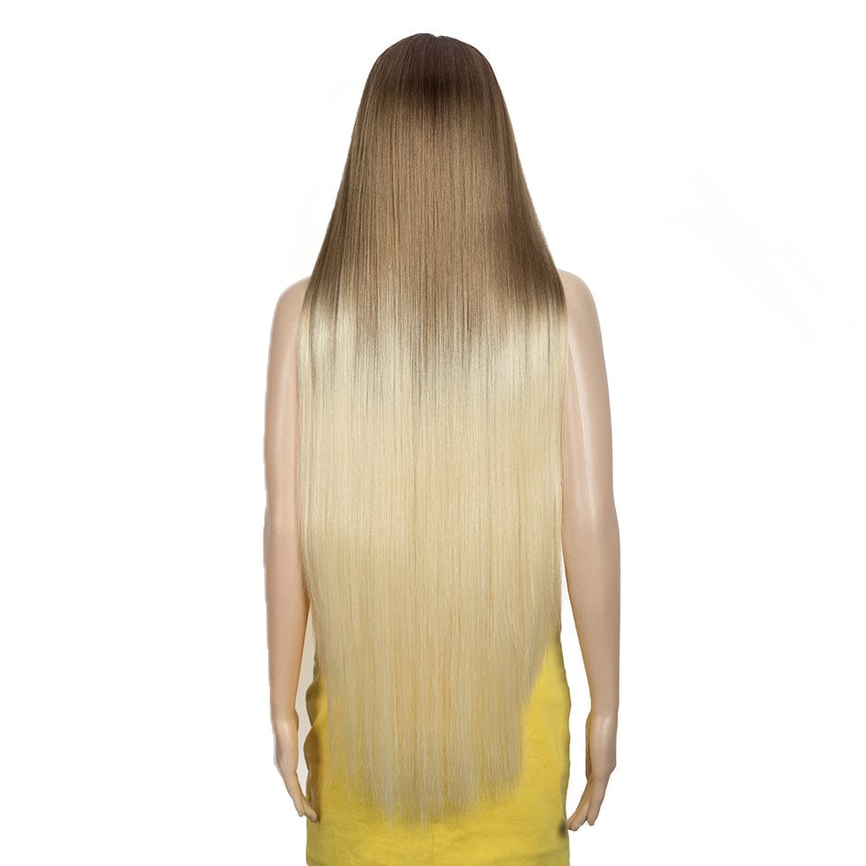 Sleek Swiss Lace Long Silky Straight Heat Resistance Synthetic Hair Wig 38 Inch Ombre Lace Front Wig  Blonde For Black Women
