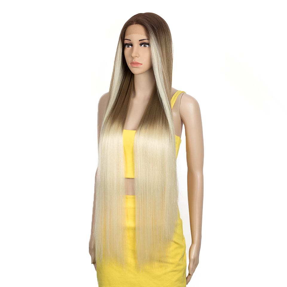 Sleek Swiss Lace Long Silky Straight Heat Resistance Synthetic Hair Wig 38 Inch Ombre Lace Front Wig  Blonde For Black Women