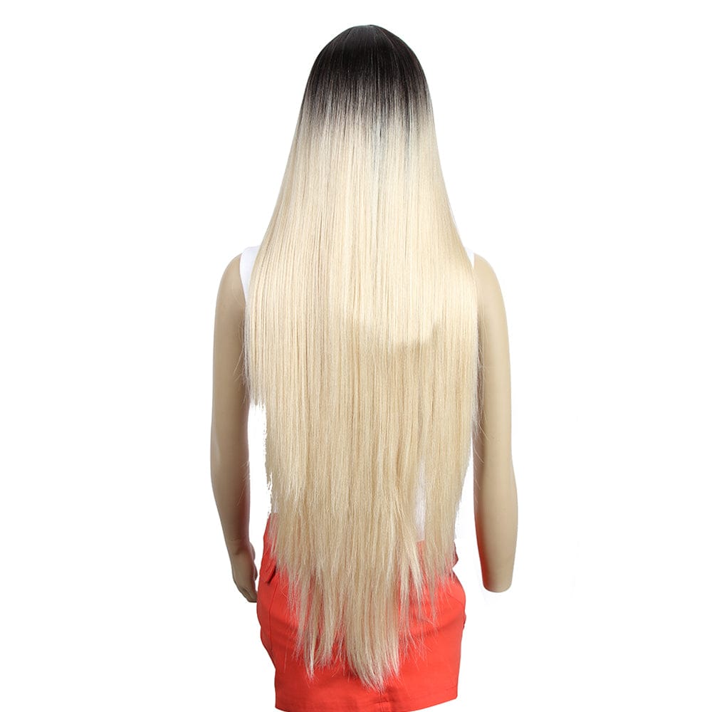 Sleek Swiss Lace Long Silky Straight Heat Resistance Synthetic Hair Wig 38 Inch Ombre Lace Front Wig  Blonde For Black Women