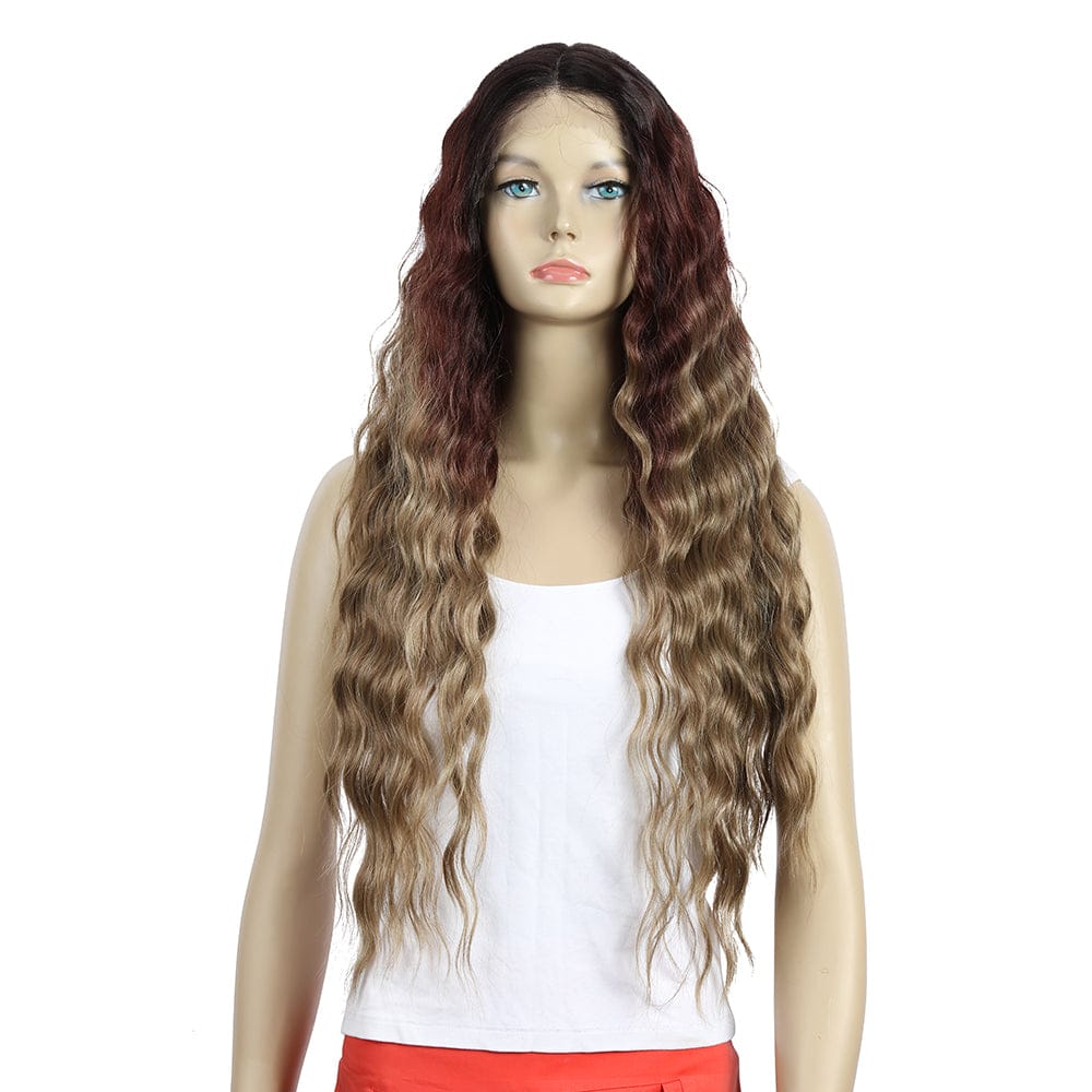 sleek wholesale cheap hot selling Heat Resistant highlight long water wave Swiss HD lace frontal Synthetic hair Wig for women