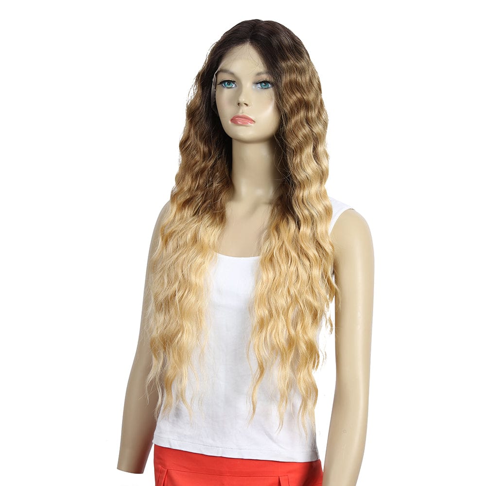 sleek wholesale cheap hot selling Heat Resistant highlight long water wave Swiss HD lace frontal Synthetic hair Wig for women