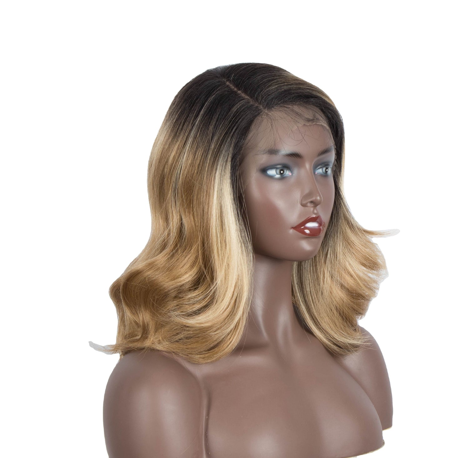 sleek wholesale Highlight brown blonde color medium natural super body wave length lace frontal wig synthetic hair wig for women