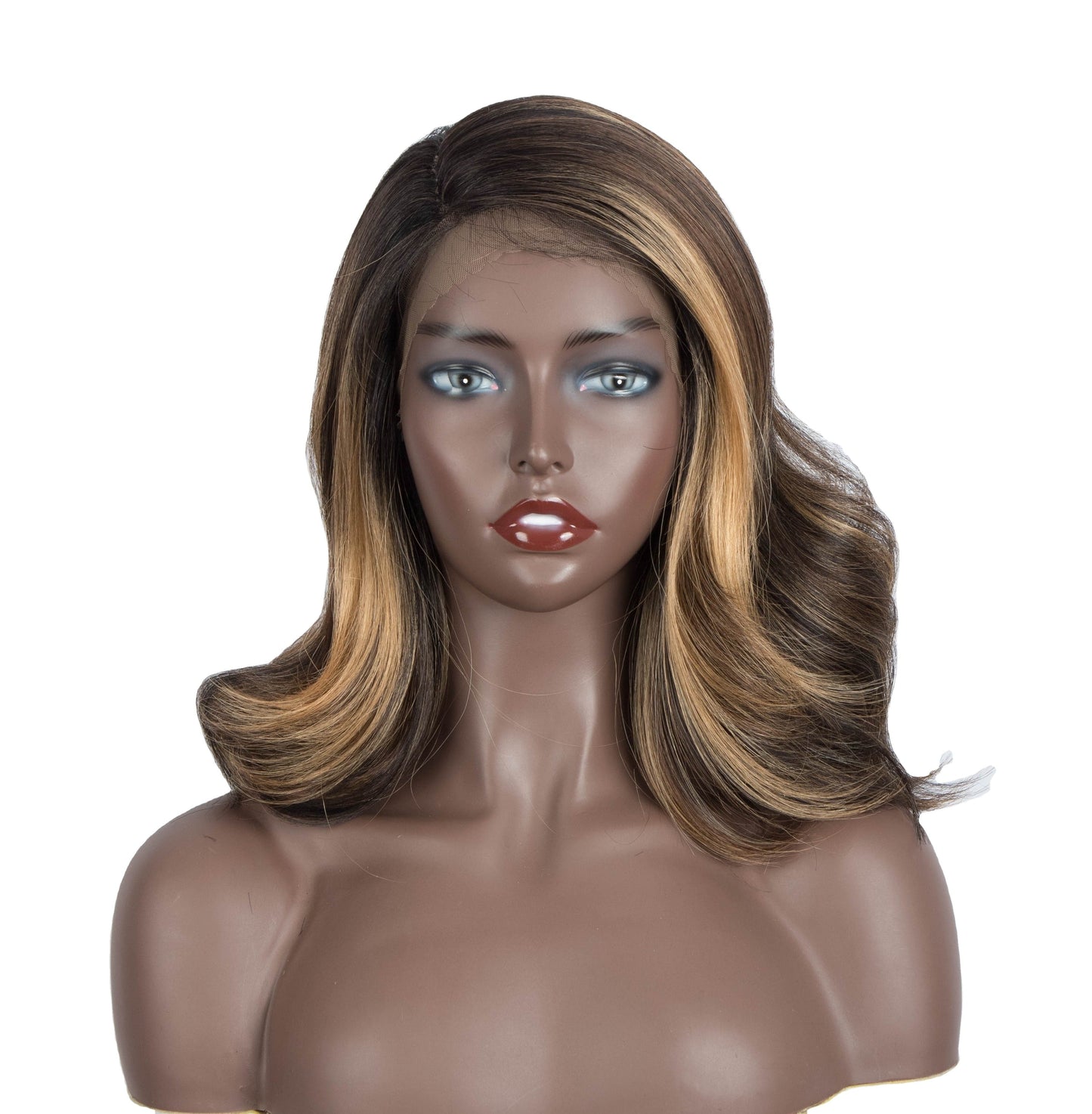 sleek wholesale Highlight brown blonde color medium natural super body wave length lace frontal wig synthetic hair wig for women