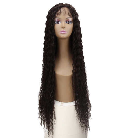 sleek wholesale hot selling heat resistant fiber middle part long water wave Swiss lace frontal wig synthetic hair wig for women