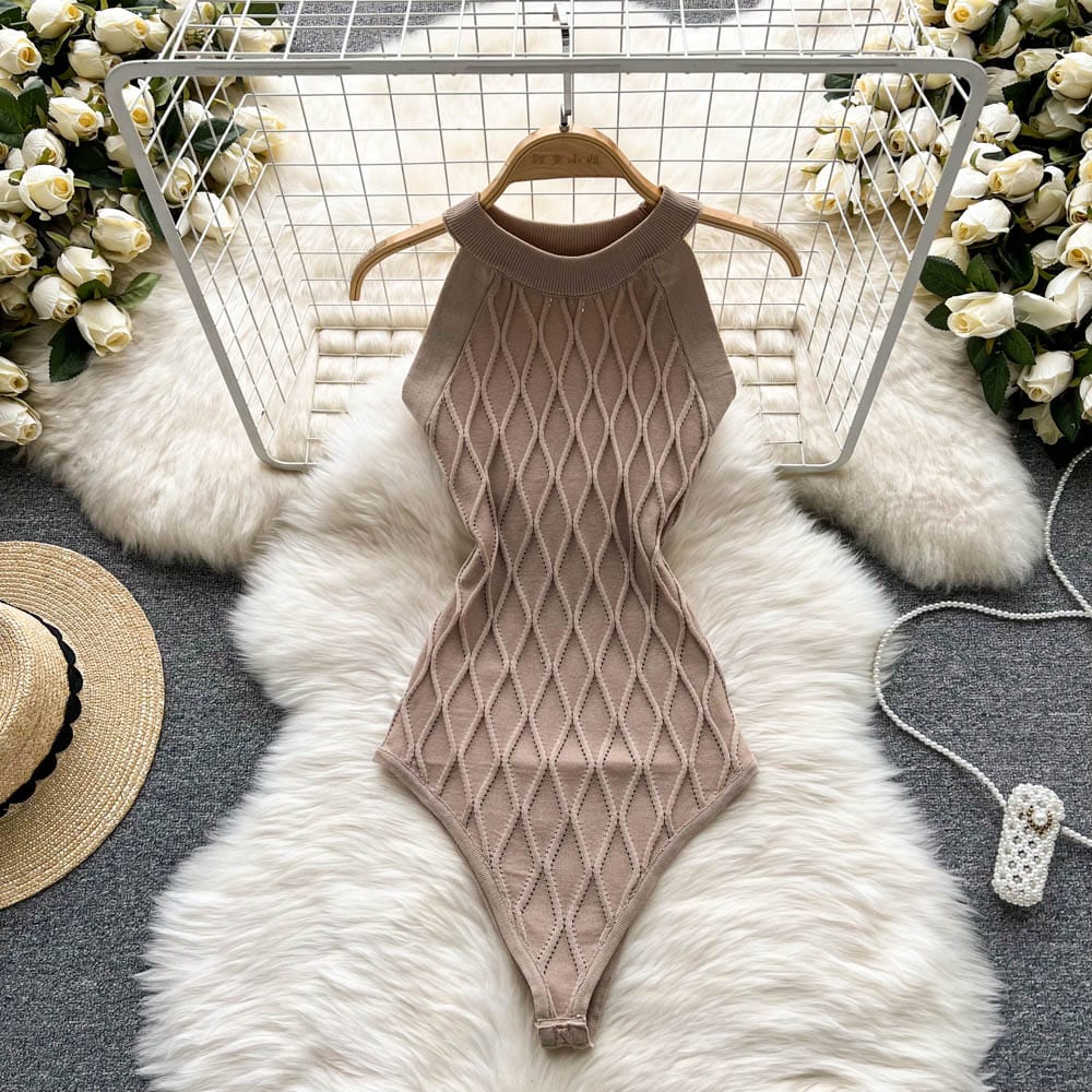 Sleeveless halter one-piece knit dress women's summer slimming temperament sexy plaid knitted buttock jumpsuit