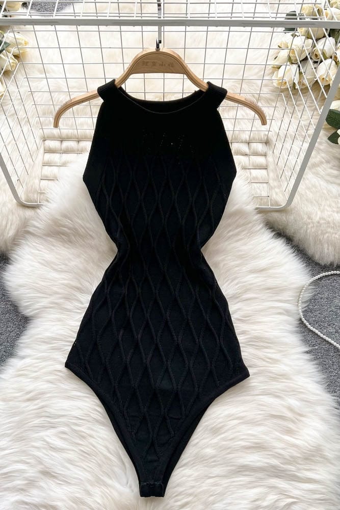 Sleeveless halter one-piece knit dress women's summer slimming temperament sexy plaid knitted buttock jumpsuit