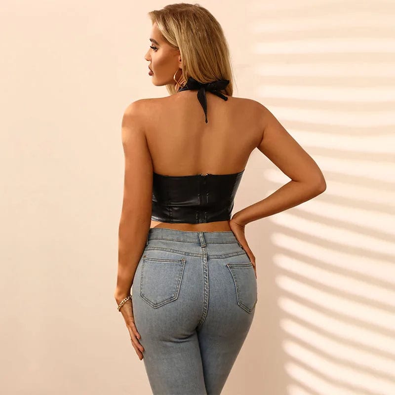 Sleeveless Hollow out Black Pu Leather Sexy&club Fashion Summer Ladies Backless Halter Tank Top