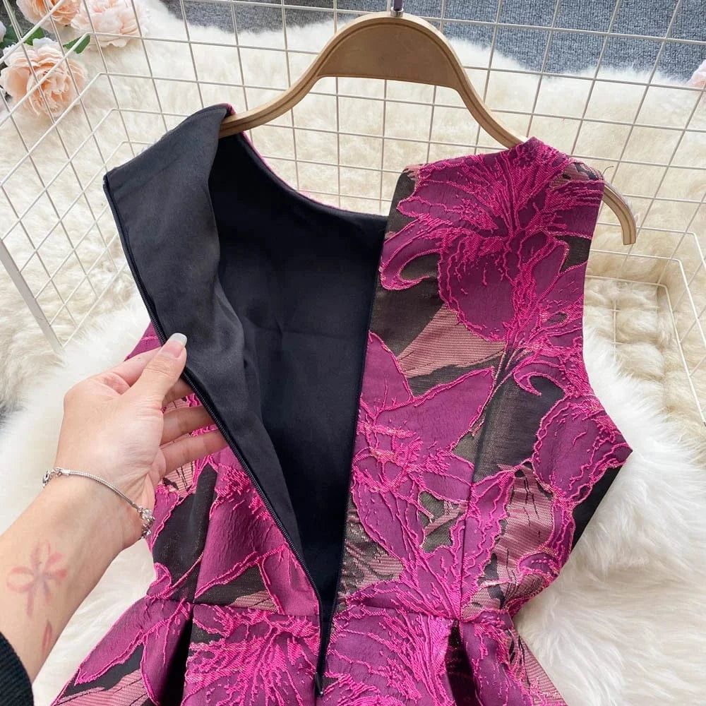 Sleeveless O-neck Print A-line Dress Summer Vintage High Waist Maxi Dress Ladies Elegant Dresses Clothes Women Wholesale