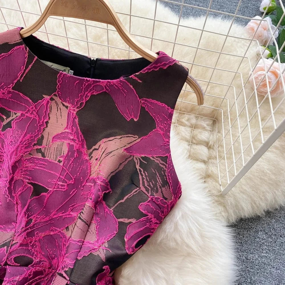 Sleeveless O-neck Print A-line Dress Summer Vintage High Waist Maxi Dress Ladies Elegant Dresses Clothes Women Wholesale