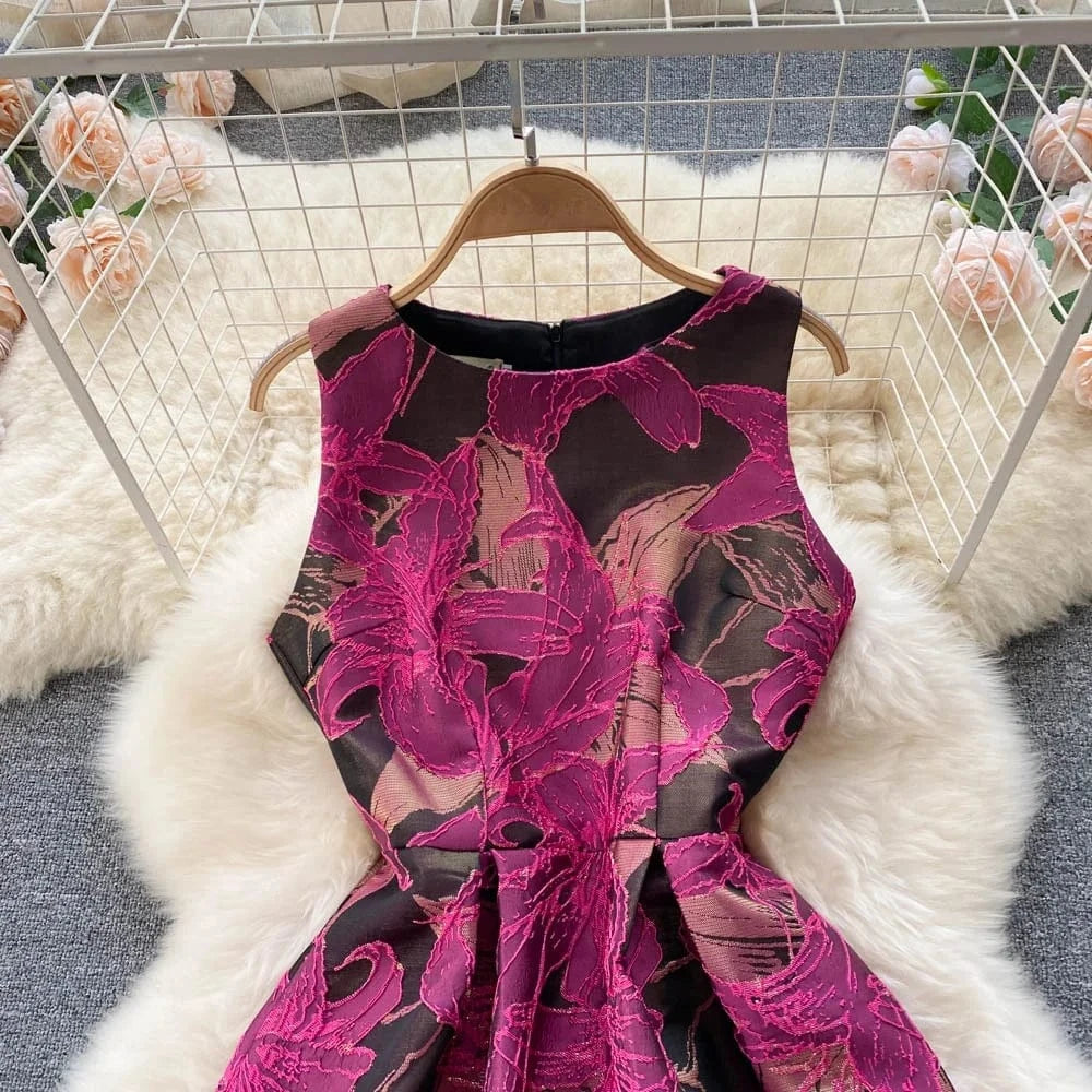 Sleeveless O-neck Print A-line Dress Summer Vintage High Waist Maxi Dress Ladies Elegant Dresses Clothes Women Wholesale