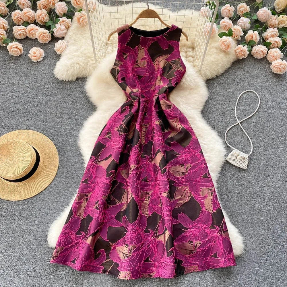 Sleeveless O-neck Print A-line Dress Summer Vintage High Waist Maxi Dress Ladies Elegant Dresses Clothes Women Wholesale