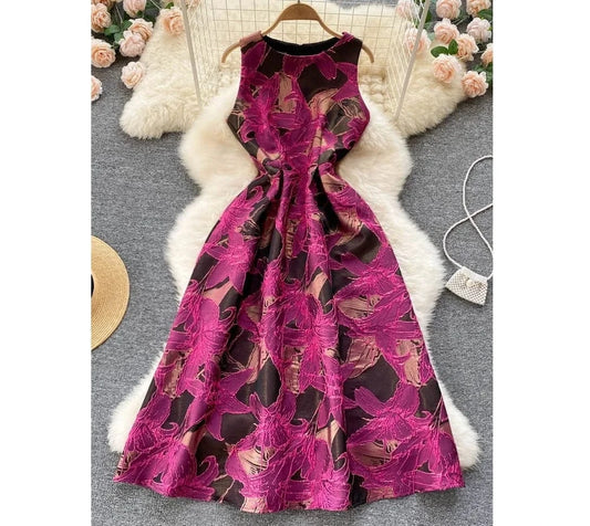 Sleeveless O-neck Print A-line Dress Summer Vintage High Waist Maxi Dress Ladies Elegant Dresses Clothes Women Wholesale