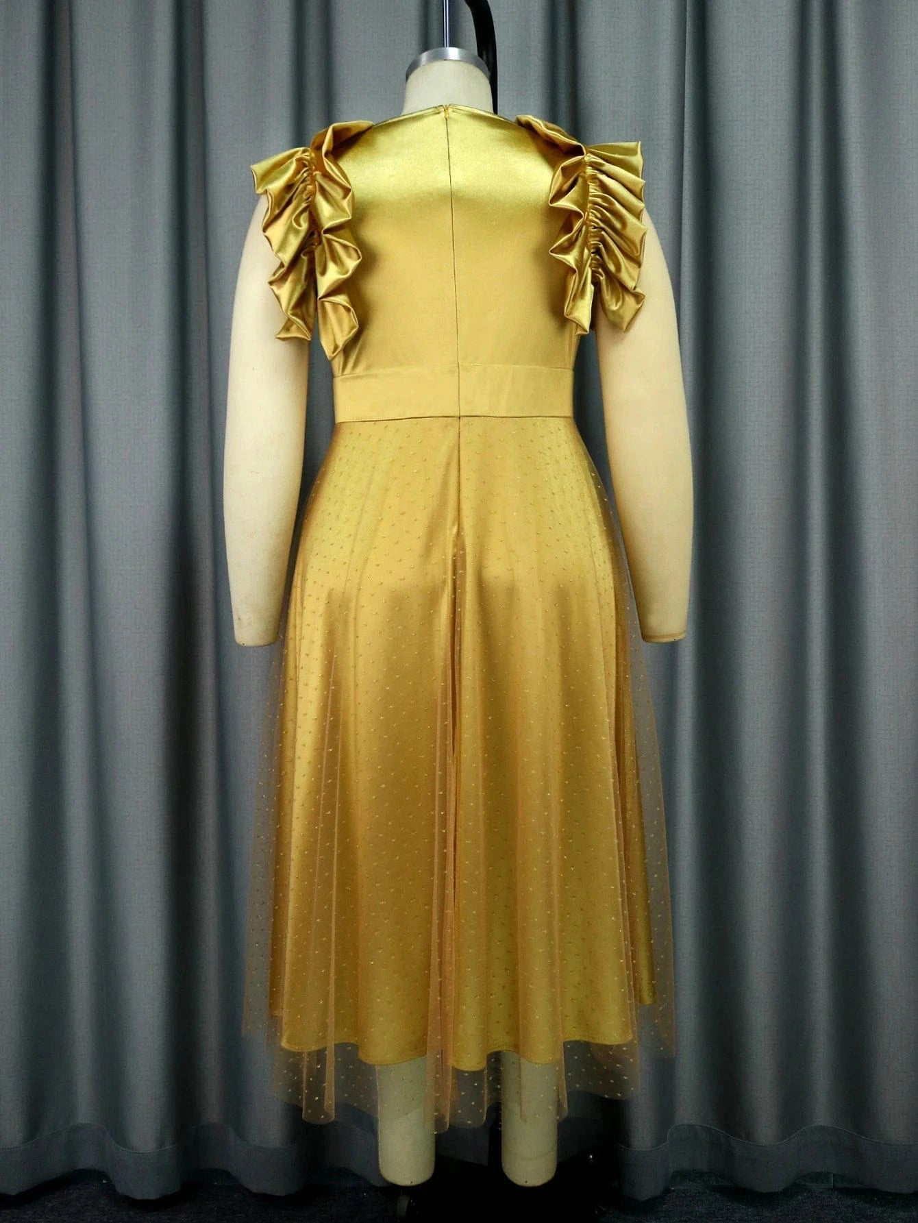 Sleeveless Satin Glitter Mesh Gold Christmas Evening Dresses Women