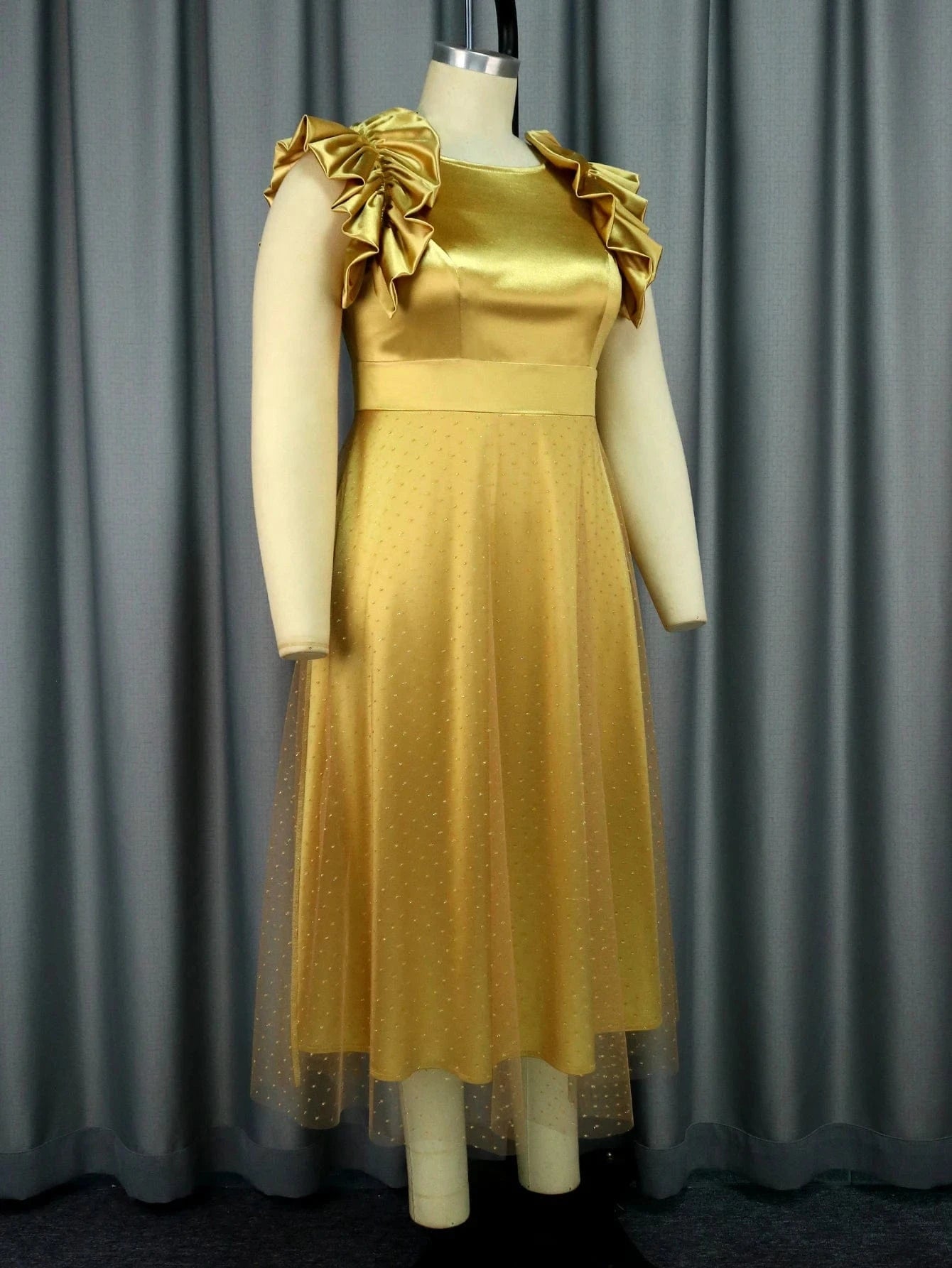 Sleeveless Satin Glitter Mesh Gold Christmas Evening Dresses Women