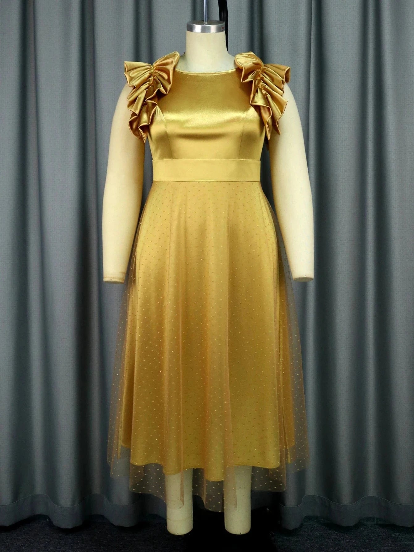 Sleeveless Satin Glitter Mesh Gold Christmas Evening Dresses Women