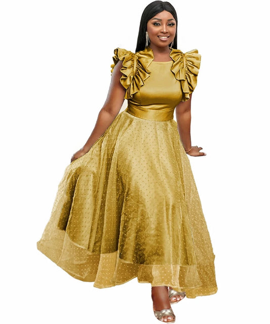 Sleeveless Satin Glitter Mesh Gold Christmas Evening Dresses Women