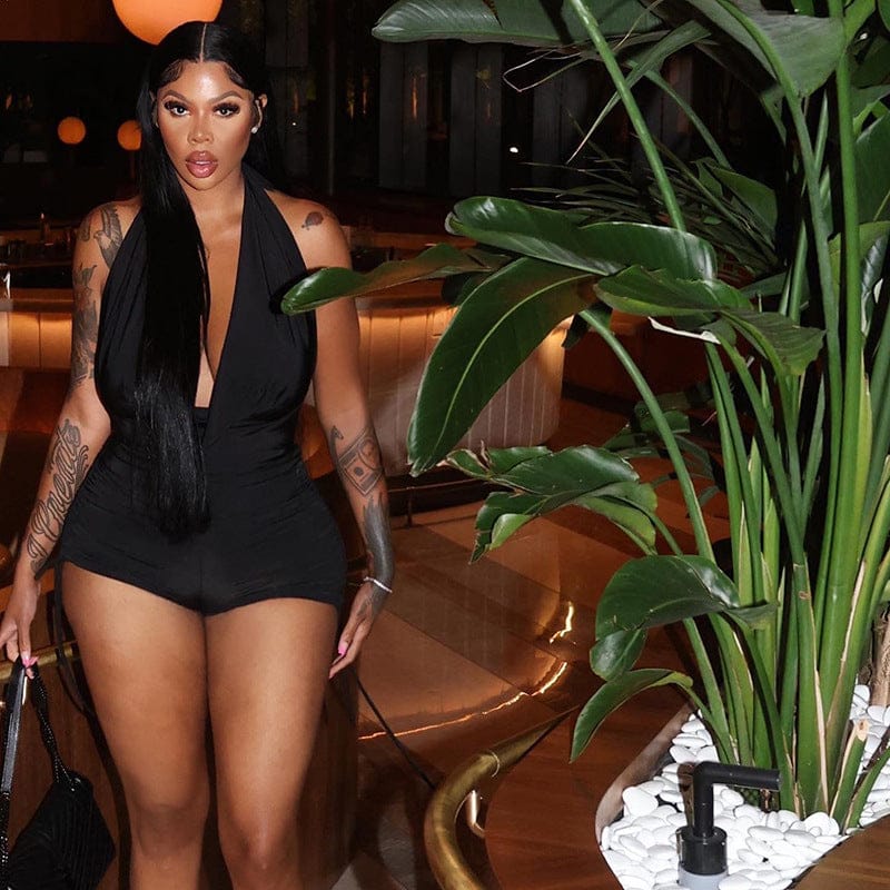 Sleeveless Sexy Halter Deep V Drawstring Casual Short Jumpsuit Women