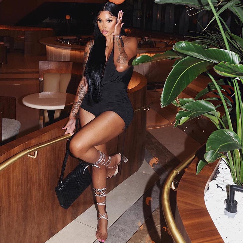 Sleeveless Sexy Halter Deep V Drawstring Casual Short Jumpsuit Women