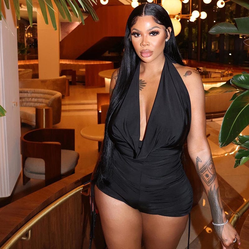 Sleeveless Sexy Halter Deep V Drawstring Casual Short Jumpsuit Women