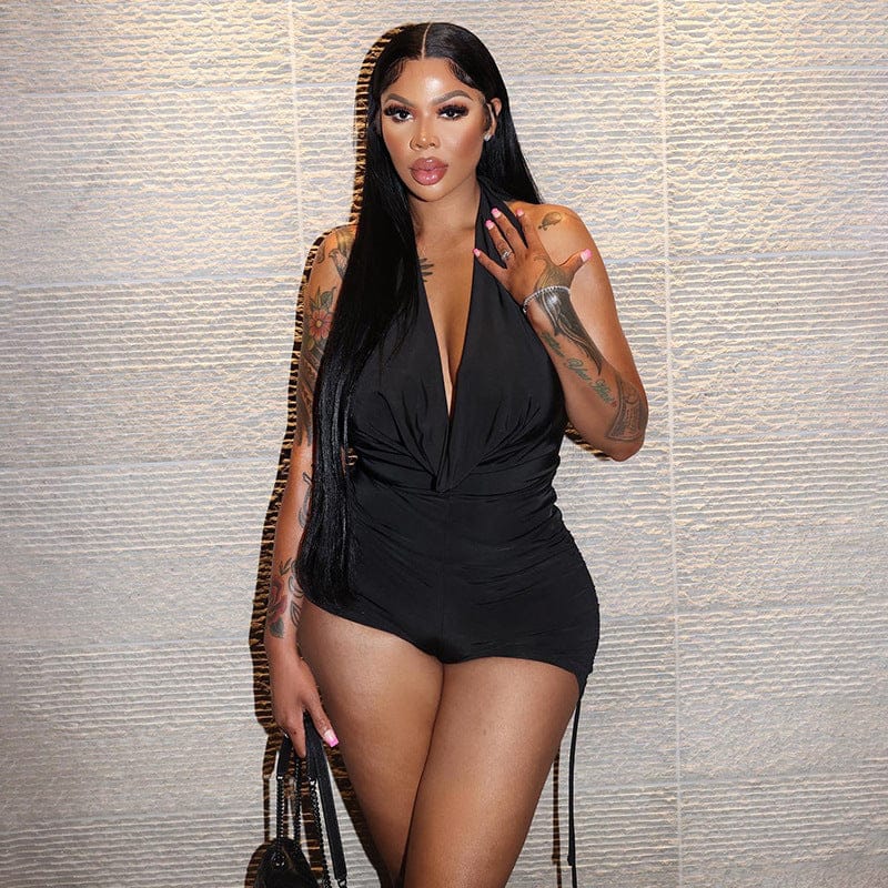 Sleeveless Sexy Halter Deep V Drawstring Casual Short Jumpsuit Women